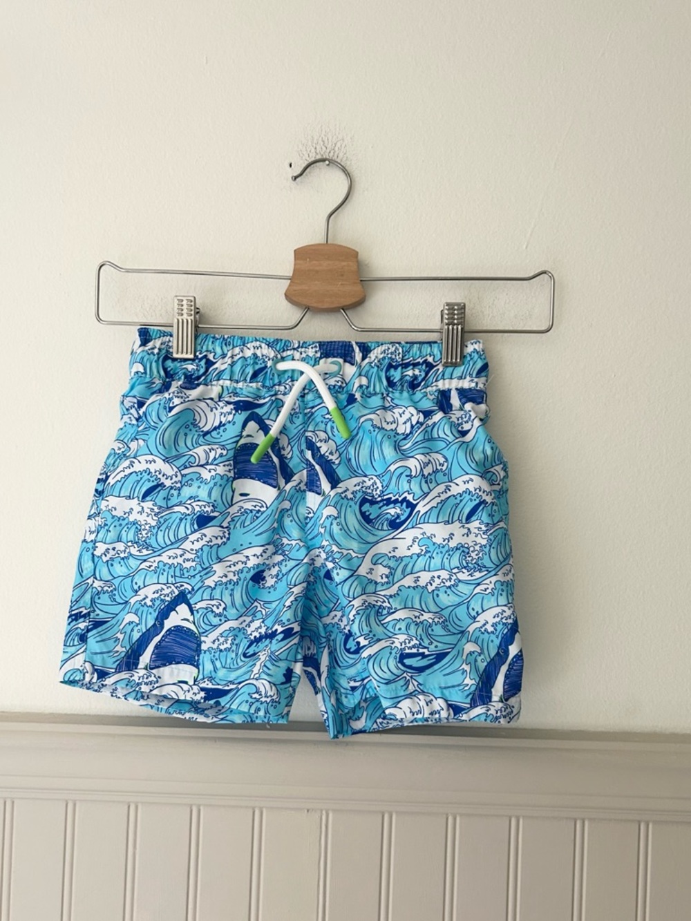 Sol Borne Kids Boys 5 Shark Blue Wave-Pattern Swim Trunks with Drawcord